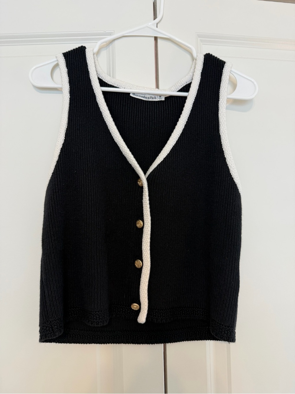 Abercrombie & Fitch Black Knit V-Neck Button Vest with White Trim